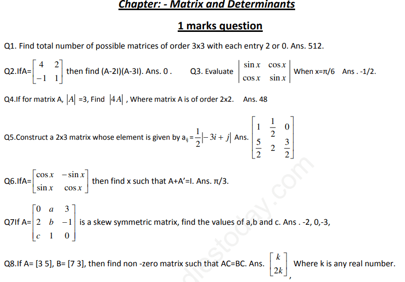 CBSE Class 12 Mathematics Matrices and Determinants Assignment Set B